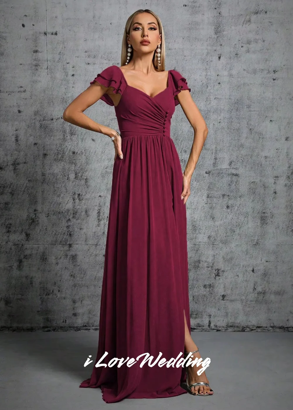 Elegant Ruffle Sleeve Bridesmaid Dress V-Neck Pleated Chiffon Cap Sleeves Dress With Side Slit Evening Party Gowns Customized
Elegant Ruffle Sleeve Bridesmaid Dress V-Neck Pleated Chiffon Cap Sleeves Dress With Side Slit Evening Party Gowns Customized