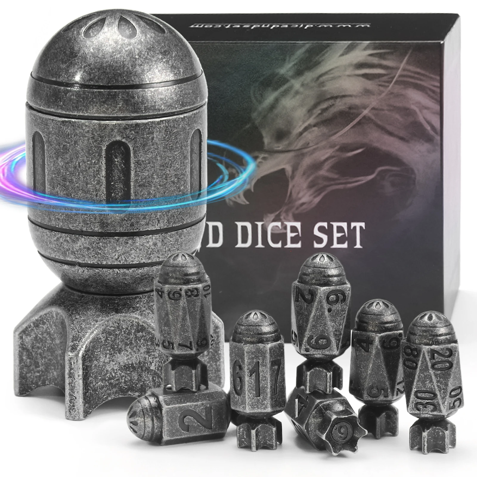 Missile Metal Dice Set D&D of 7 with Spinning Missile Shaped Container Unique Cool Bullet D&D Dice for Table Games
Missile Metal Dice Set D&D of 7 with Spinning Missile Shaped Container Unique Cool Bullet D&D Dice for Table Games