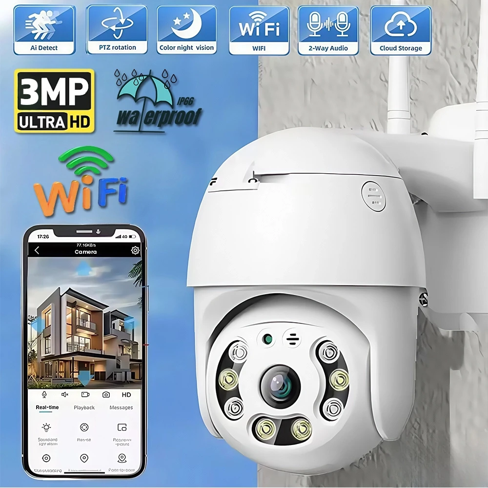 3MP HD WiFi PTZ Outdoor Security Camera Wireless Dual Light Smart Network IP Surveillance Camera Night Vision Color Tracking for 
3MP HD WiFi PTZ Outdoor Security Camera Wireless Dual Light Smart Network IP Surveillance Camera Night Vision Color Tracking for