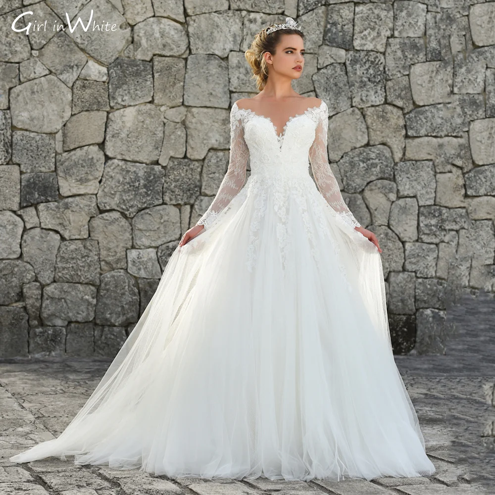 Princess Lace Long Sleeves A Line Wedding Dress Sexy Boat Neck Bride Dress Appliques customized Button vestidos de novia
Princess Lace Long Sleeves A Line Wedding Dress Sexy Boat Neck Bride Dress Appliques customized Button vestidos de novia