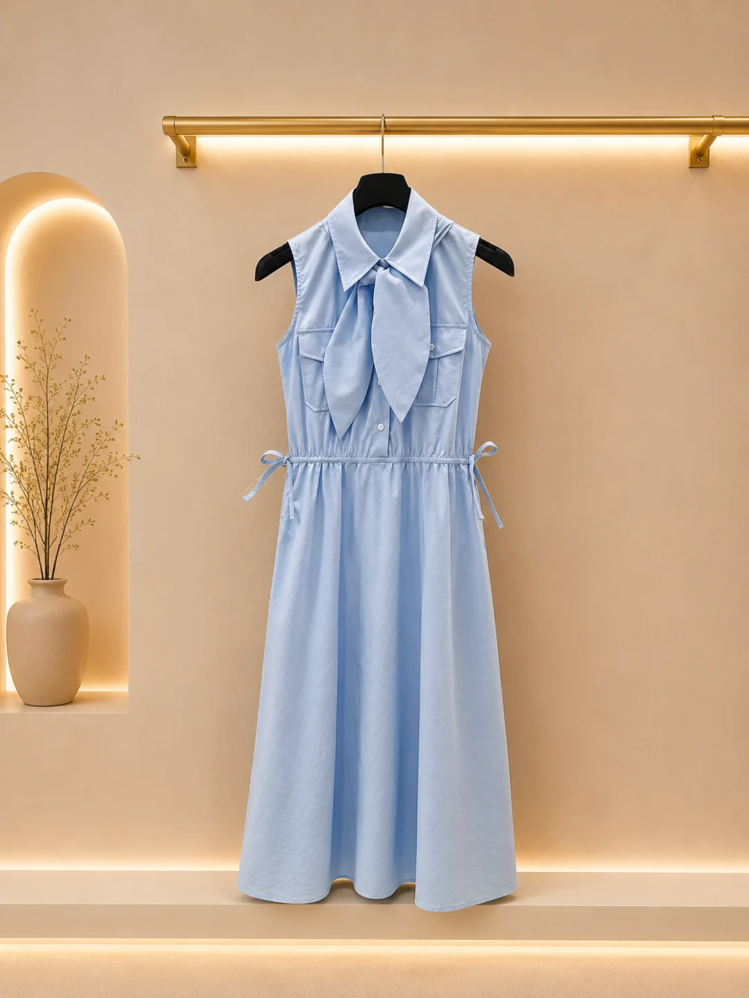 2026 Women Dress Relaxed Midi Shirt Dress Sleeveless Turn Down Collar Bow Ornament Waist Side Knot Stitched Chest Pockets
2026 Women Dress Relaxed Midi Shirt Dress Sleeveless Turn Down Collar Bow Ornament Waist Side Knot Stitched Chest Pockets