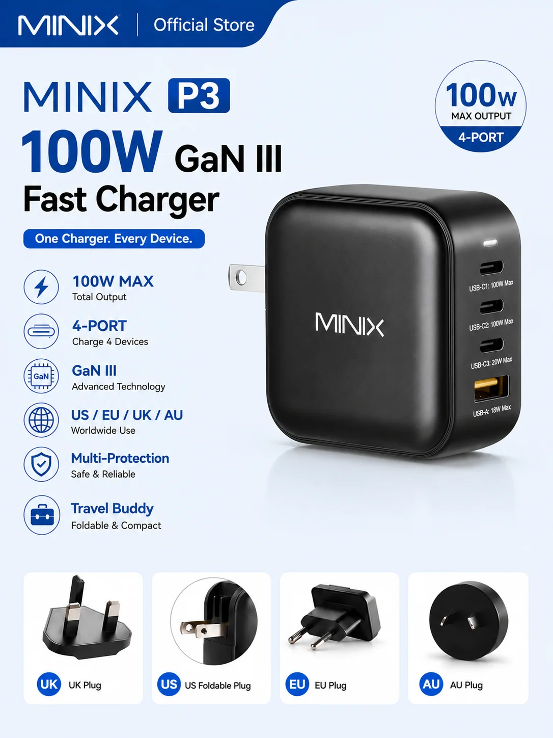 MINIX NEO P3 100W GaN USB Charger with Multi-Plug Adapter EU/US/AU/UK for MacBook, iPhone, Samsung, MI
MINIX NEO P3 100W GaN USB Charger with Multi-Plug Adapter EU/US/AU/UK for MacBook, iPhone, Samsung, MI
