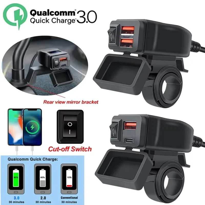 PD+QC3.0 Motorcycle USB Fast Charger 60W Handlebar Dual USB Socket with Switch Voltmeter Waterproof 12V Power Supply Adapter
PD+QC3.0 Motorcycle USB Fast Charger 60W Handlebar Dual USB Socket with Switch Voltmeter Waterproof 12V Power Supply Adapter