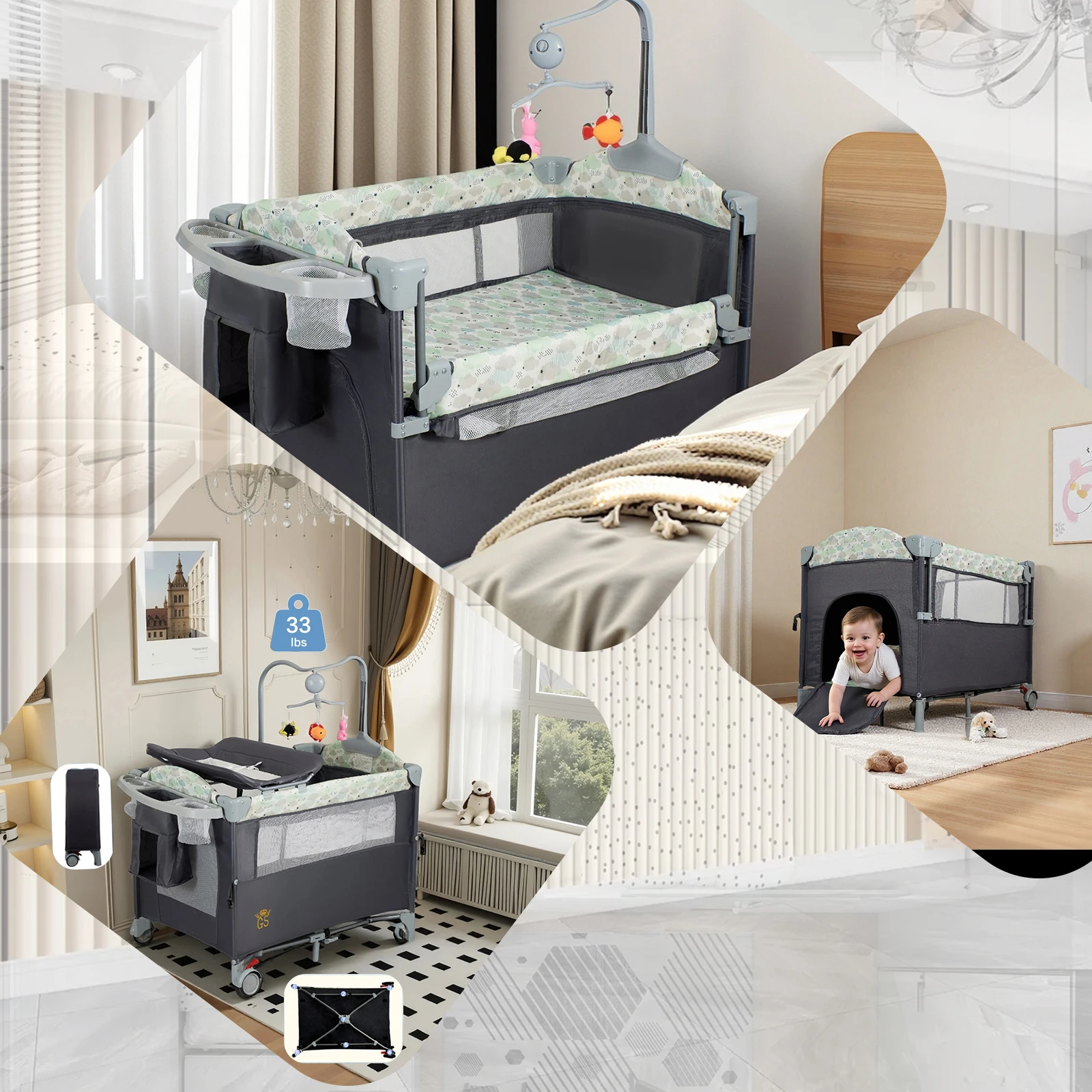 Play Yard with Basssinet,Playard with Changing Table Lockable Wheels Music Box Foldable Play Yard for Infant to Toddler
Play Yard with Basssinet,Playard with Changing Table Lockable Wheels Music Box Foldable Play Yard for Infant to Toddler