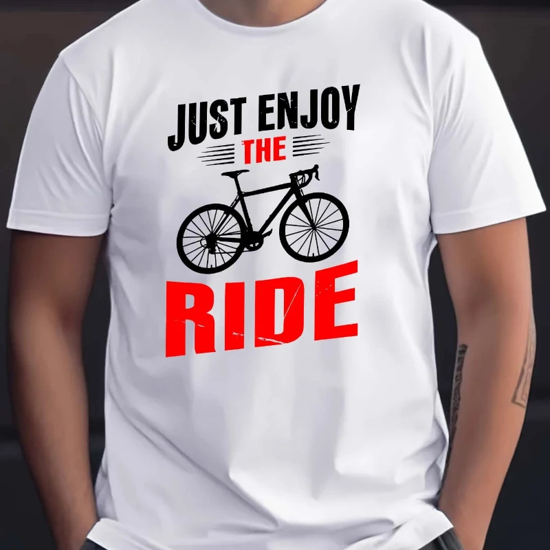 Men's Casual Pure Cotton T-Shirt with Just Enjoy The Ride Bicycle Print Regular Fit Knit Fabric Top with Patterned Alphabet Desi 
Men's Casual Pure Cotton T-Shirt with Just Enjoy The Ride Bicycle Print Regular Fit Knit Fabric Top with Patterned Alphabet Desi