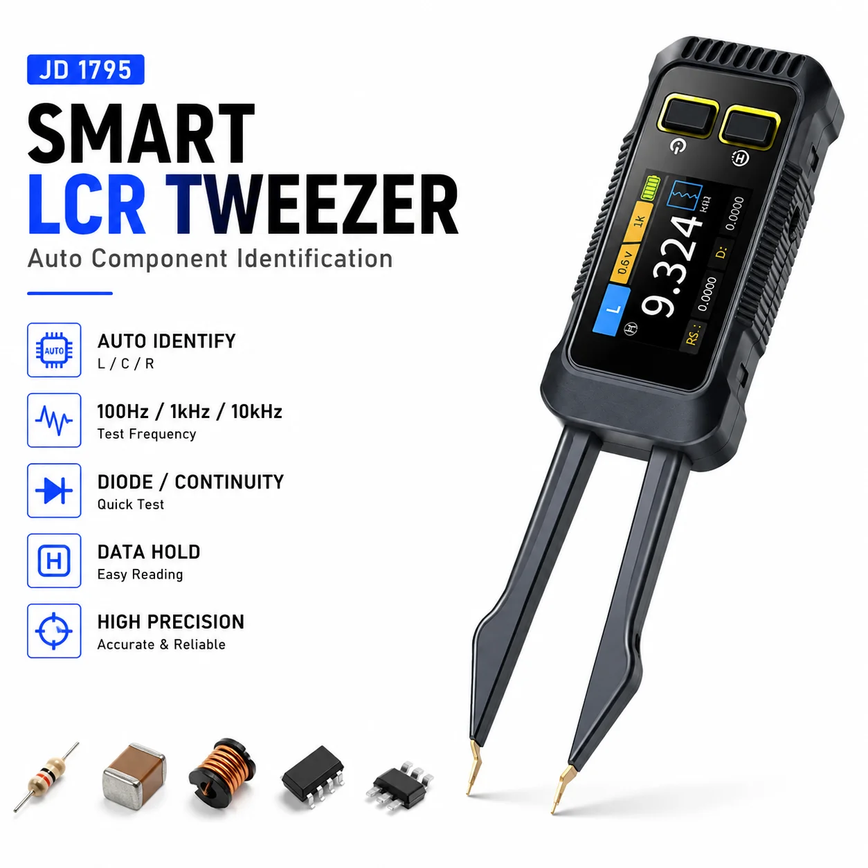 JD1795 Smart LCR Tweezer Digital LCR Meter SMD Component Tester ESR Impedance Z/X Diode Continuity Rechargeable
JD1795 Smart LCR Tweezer Digital LCR Meter SMD Component Tester ESR Impedance Z/X Diode Continuity Rechargeable