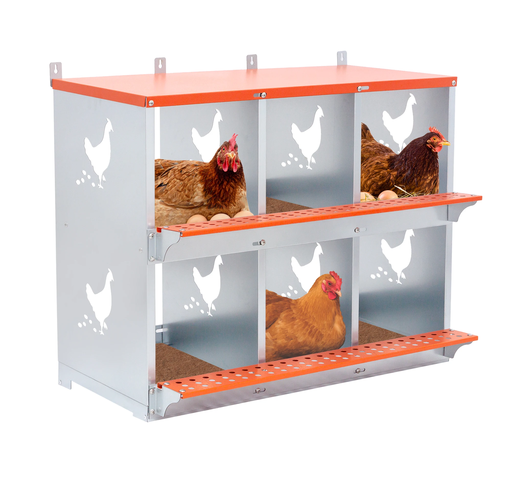 6-bay metal nest box, wall mount coop equipment for hens or ducks, easy egg collection (6-Orange)"
6-bay metal nest box, wall mount coop equipment for hens or ducks, easy egg collection (6-Orange)"