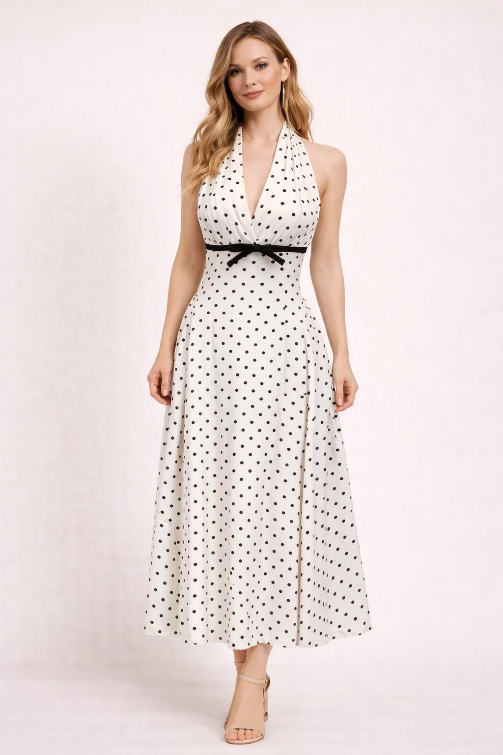 Vintage Polka Dot Halter Dress Women 2025 Summer A-Line Midi Dress with Bow Detail
Vintage Polka Dot Halter Dress Women 2025 Summer A-Line Midi Dress with Bow Detail