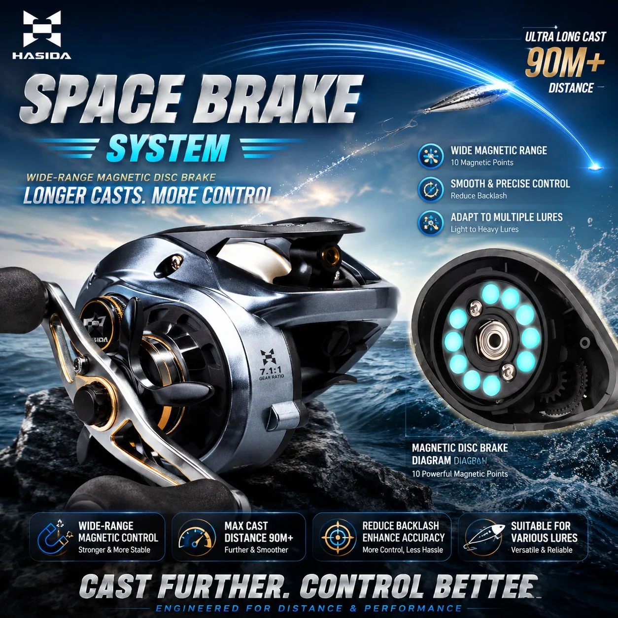 HASIDA Aurora Long Casting Baitcasting Reel Space Brake System Wide Magnetic Range Smooth & Precise Control Cast Further Fishing
HASIDA Aurora Long Casting Baitcasting Reel Space Brake System Wide Magnetic Range Smooth & Precise Control Cast Further Fishing