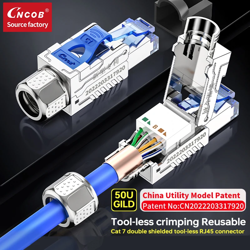 CNCOB Cat7 Tool-Free RJ45 Connector 10GbE 50μ Gold Plated Double Shielded for CAT5E/6/6A/7 22-26AWG Zinc Alloy Shell Reusable
CNCOB Cat7 Tool-Free RJ45 Connector 10GbE 50μ Gold Plated Double Shielded for CAT5E/6/6A/7 22-26AWG Zinc Alloy Shell Reusable