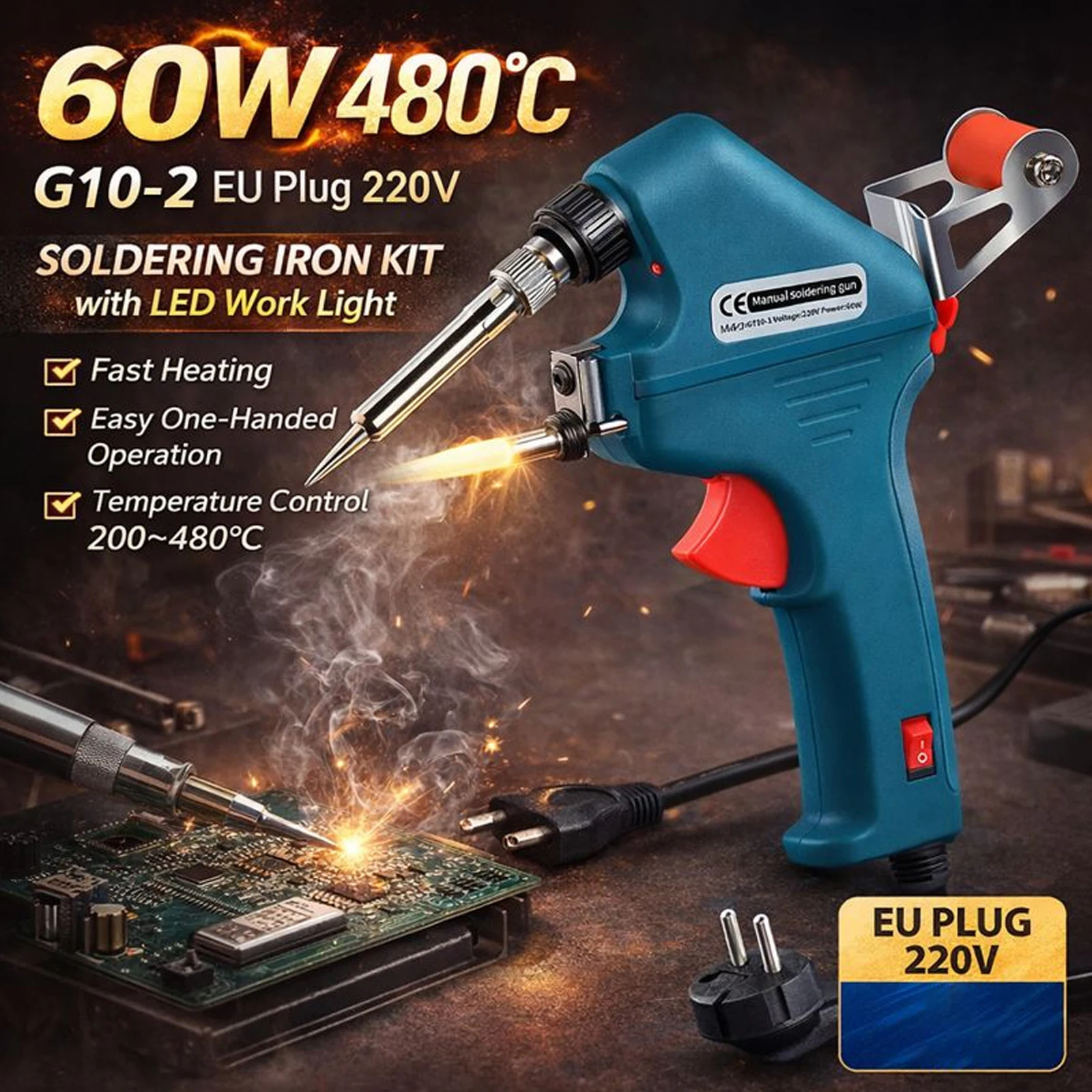 60W Manual Soldering Iron Kit | 480°C Temperature Control | EU 220V Welding Gun With LED Work Light For Electronics Repair
60W Manual Soldering Iron Kit | 480°C Temperature Control | EU 220V Welding Gun With LED Work Light For Electronics Repair