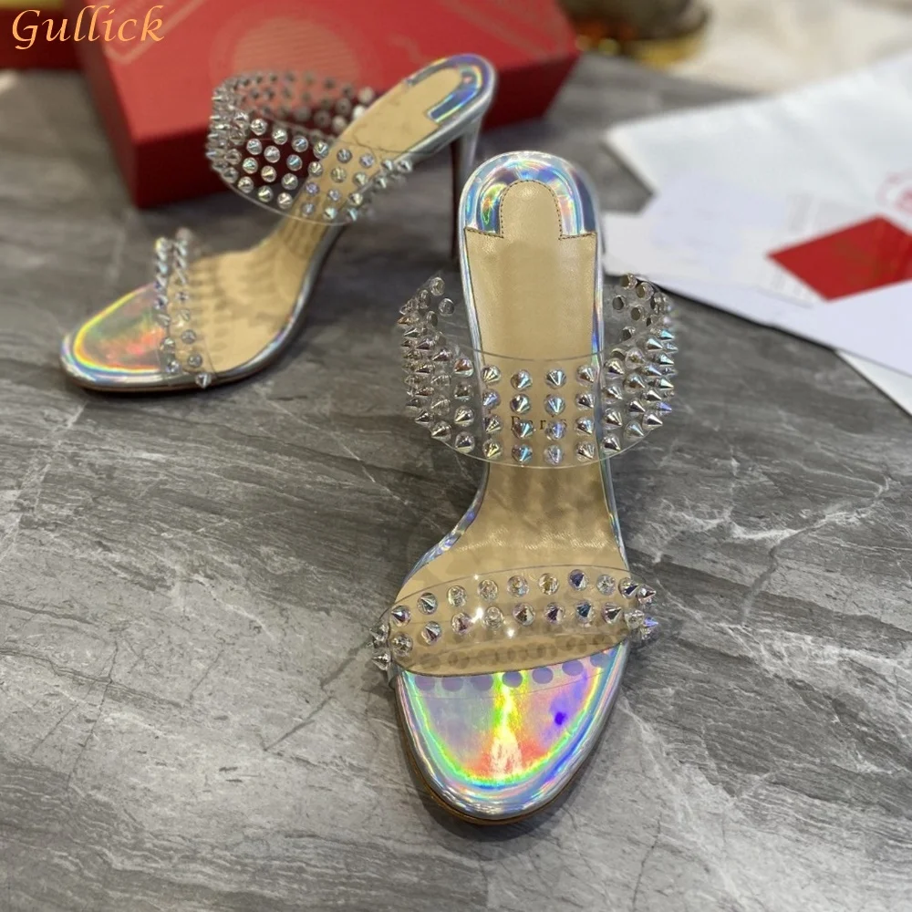 Rivet Clear Pvc Slip On Sandals Black/White/Silver Stiletto Heel Open Toe Slippers Women Fashion Sexy Luxury Sandals High Heels
Rivet Clear Pvc Slip On Sandals Black/White/Silver Stiletto Heel Open Toe Slippers Women Fashion Sexy Luxury Sandals High Heels