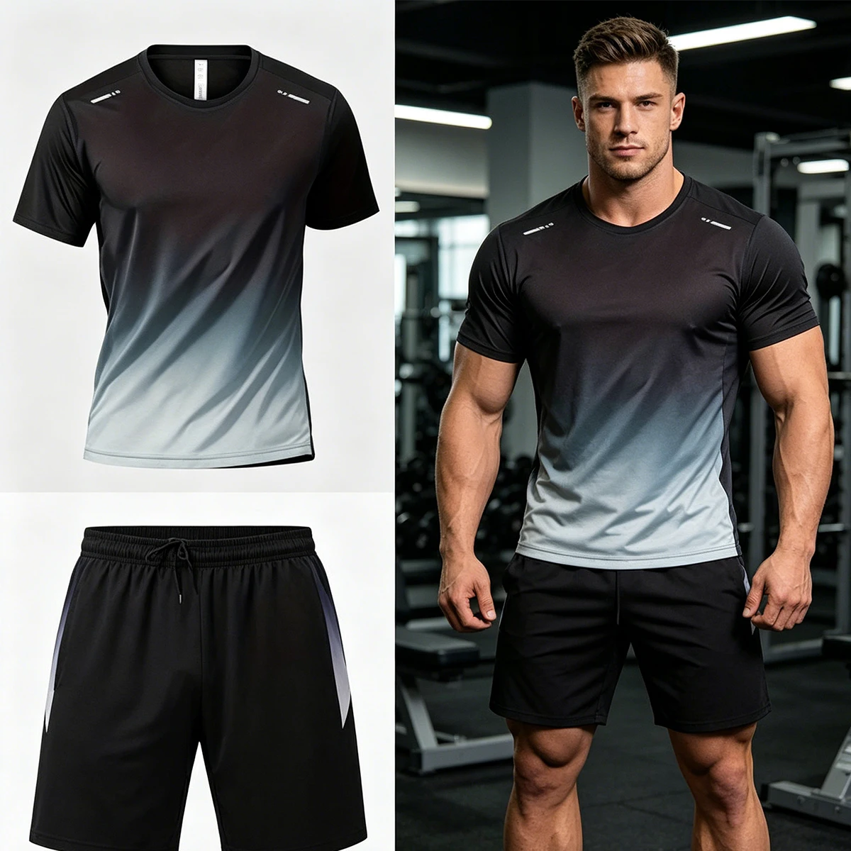 2-piece men's summer suit gradient color fashionable sports short sleeved and shorts casual sports sweat absorbing breathable quick drying
2-piece men's summer suit gradient color fashionable sports short sleeved and shorts casual sports sweat absorbing breathable quick drying