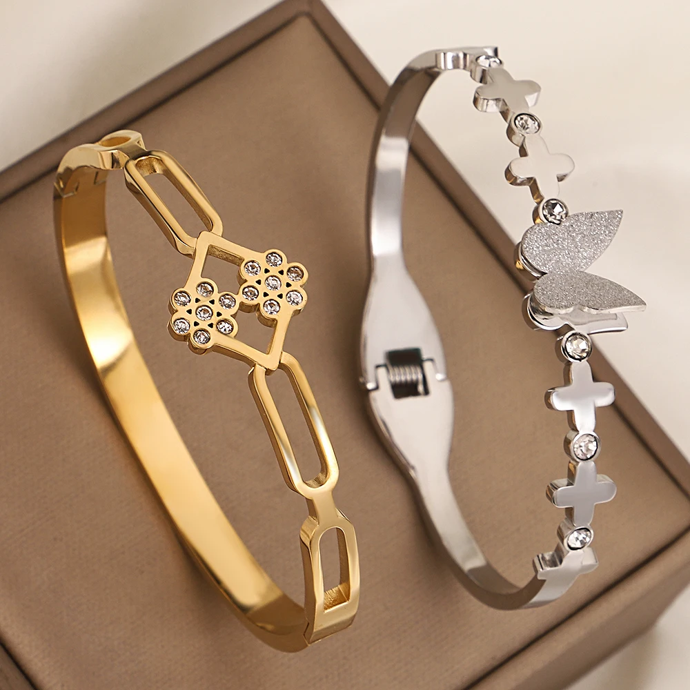 Freetry Stainless Steel Flower Butterfly Bangle Inlaid Rhinestone Cross Charm Bracelet for Women Waterproof Hand Decoration Gift
Freetry Stainless Steel Flower Butterfly Bangle Inlaid Rhinestone Cross Charm Bracelet for Women Waterproof Hand Decoration Gift