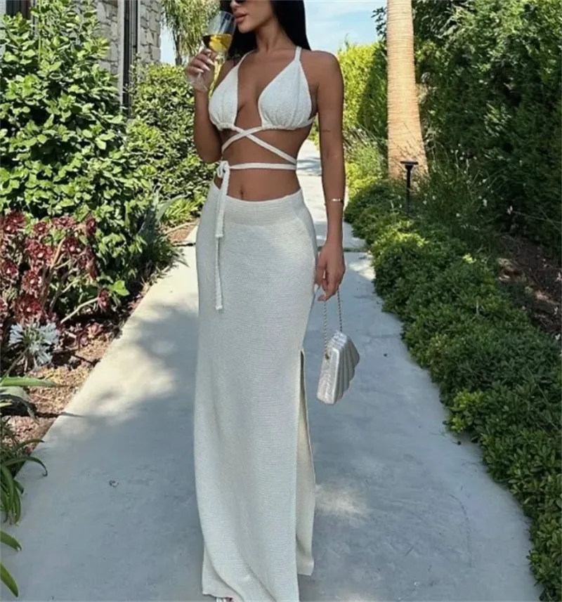 2PC Women Summer Swimwear Set Long Knit Dress Beach Crochet Swimsuit Sexy Tied Crop Top Bra And Side Slit Skirt Bikini Cover-up
2PC Women Summer Swimwear Set Long Knit Dress Beach Crochet Swimsuit Sexy Tied Crop Top Bra And Side Slit Skirt Bikini Cover-up