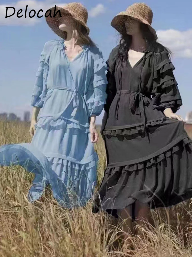 Delocah High Quality Autumn Women Fashion Designer Party Midi Dress Lantern Sleeve With Belt Loose Ruffles Trim Solid Dresses
Delocah High Quality Autumn Women Fashion Designer Party Midi Dress Lantern Sleeve With Belt Loose Ruffles Trim Solid Dresses