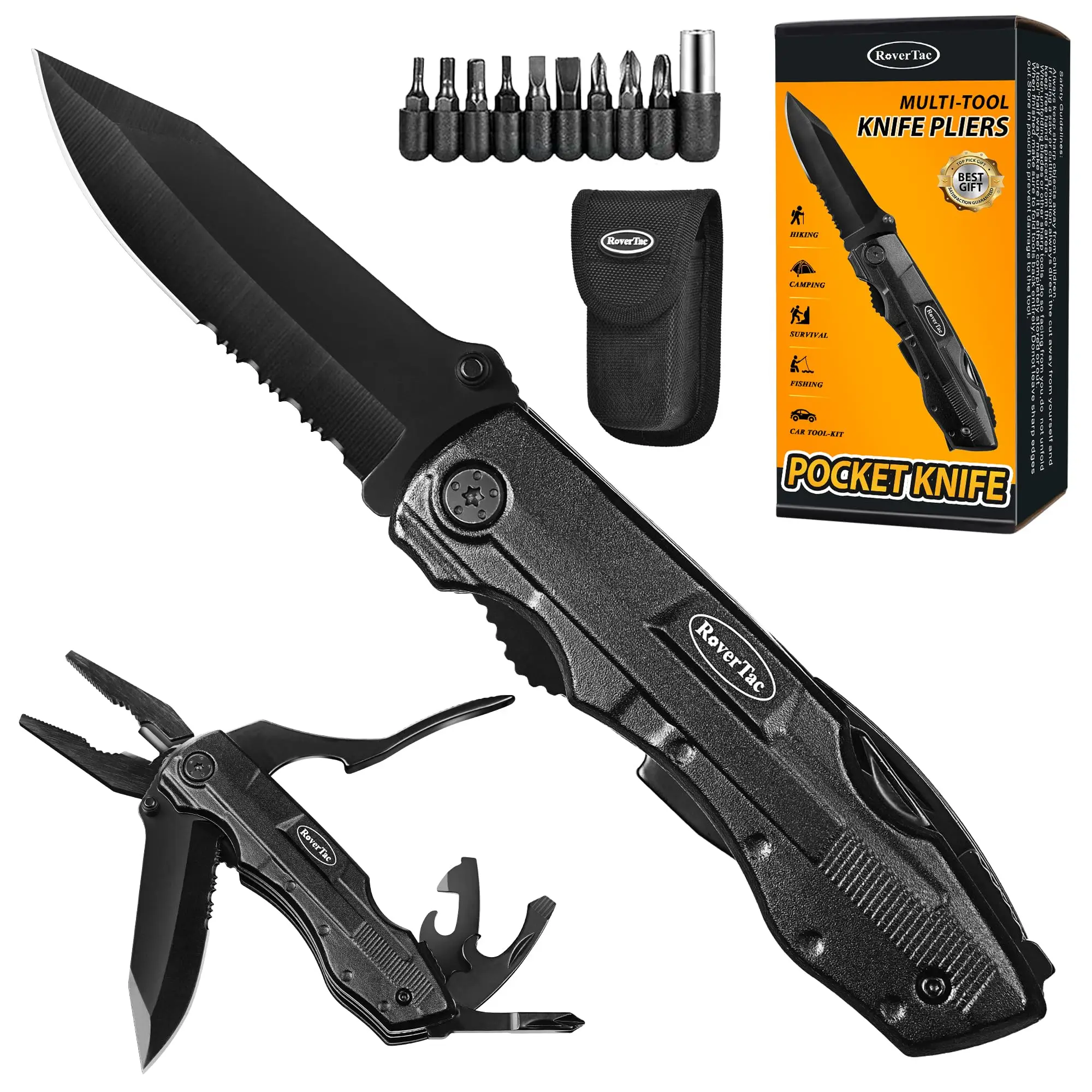 RoverTac Pocket Knife, 15-in-1 Multitool with Pliers, Bottle & Can Opener, 9 Screwdriver Bits, Locking Mechanism & Nylon Sheath
RoverTac Pocket Knife, 15-in-1 Multitool with Pliers, Bottle & Can Opener, 9 Screwdriver Bits, Locking Mechanism & Nylon Sheath
