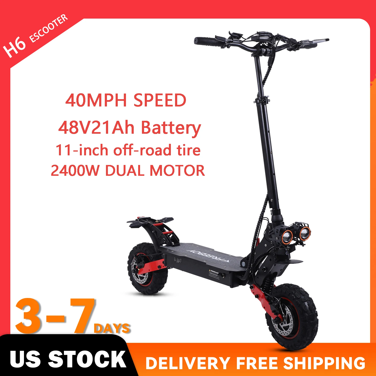 2400W Dual Motor Adult H6 Electric Scooter Top Speed 40MPH, 48V21AH, 11-inch Off-Road Tires Sport Folding eScooter For Commuting
2400W Dual Motor Adult H6 Electric Scooter Top Speed 40MPH, 48V21AH, 11-inch Off-Road Tires Sport Folding eScooter For Commuting