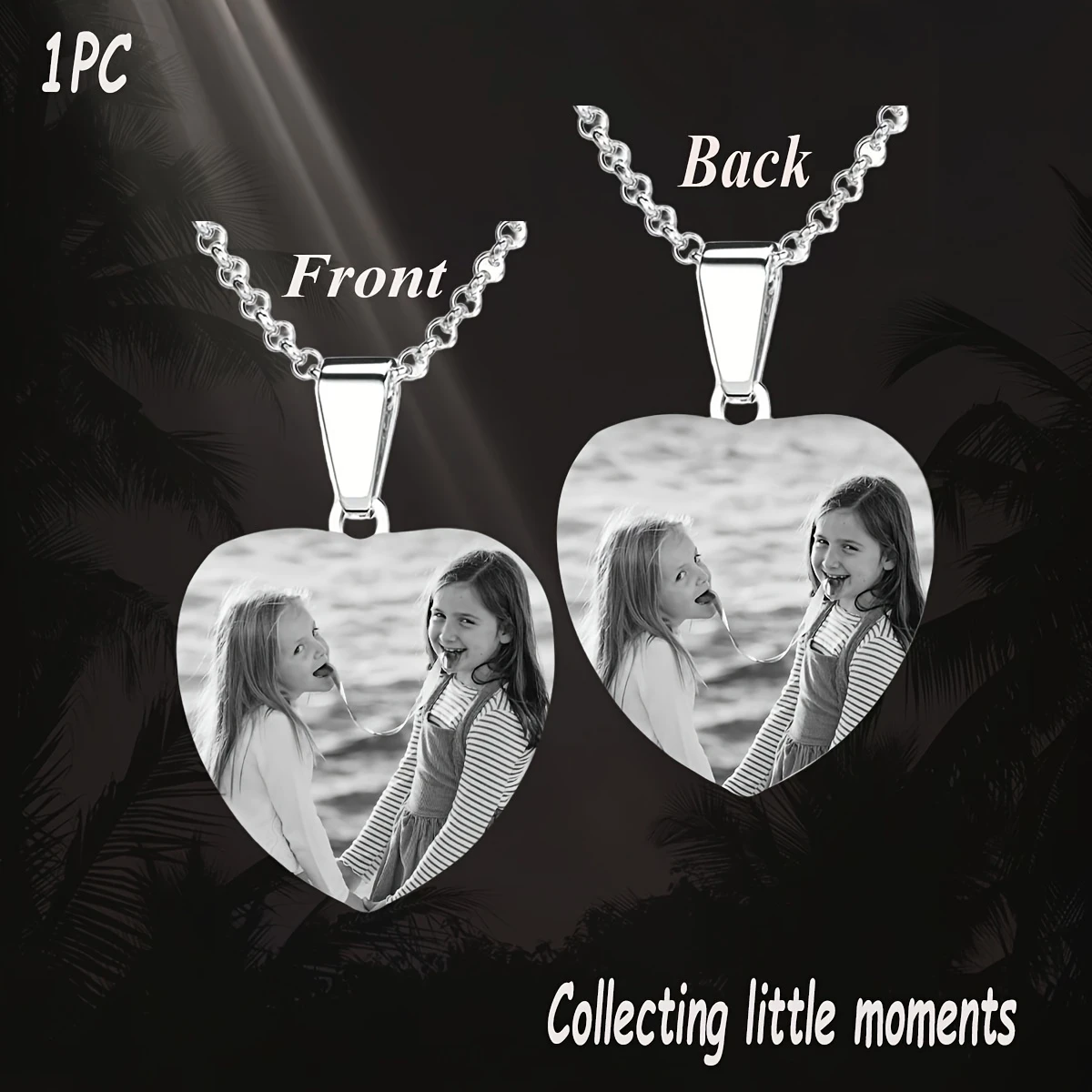 Heart-shaped custom photo necklace. Front for photos, back for engraved text, a lovely keepsake for precious moments.
Heart-shaped custom photo necklace. Front for photos, back for engraved text, a lovely keepsake for precious moments.