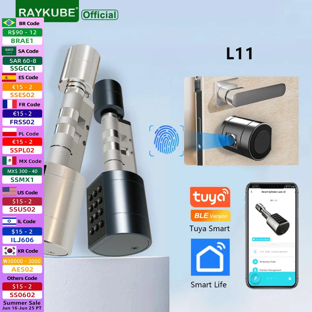 RAYKUBE L11 TT Lock BLE Цилиндр с отпечатками пальцев Цифровой дверной замок с регулируемой длиной цилиндра с паролем/ключом/TT Lock APP Unlok
RAYKUBE L11 TT Lock BLE Цилиндр с отпечатками пальцев Цифровой дверной замок с регулируемой длиной цилиндра с паролем/ключом/TT Lock APP Unlok