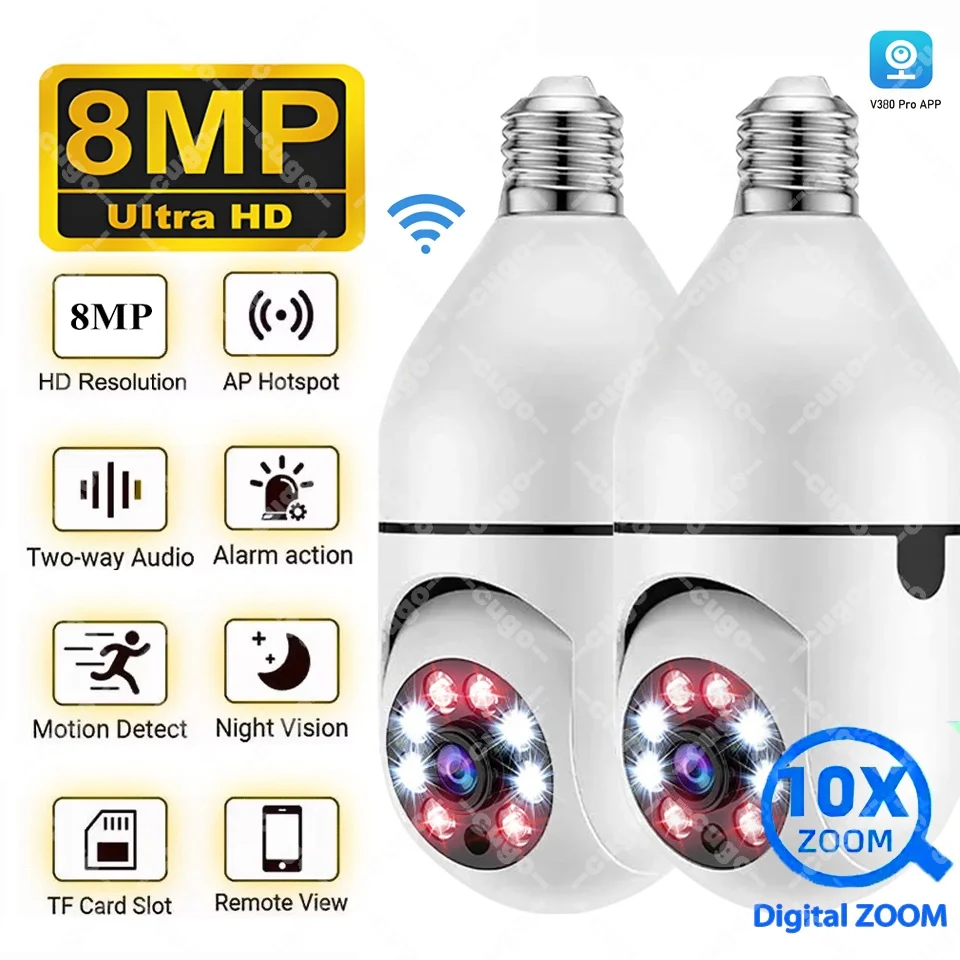 8MP Wifi Camera Wireless Surveillance PTZ CCTV Two Way Audio Color Night Vision 10X Zoom Security Baby Monitor E27 Bulb Camera
8MP Wifi Camera Wireless Surveillance PTZ CCTV Two Way Audio Color Night Vision 10X Zoom Security Baby Monitor E27 Bulb Camera