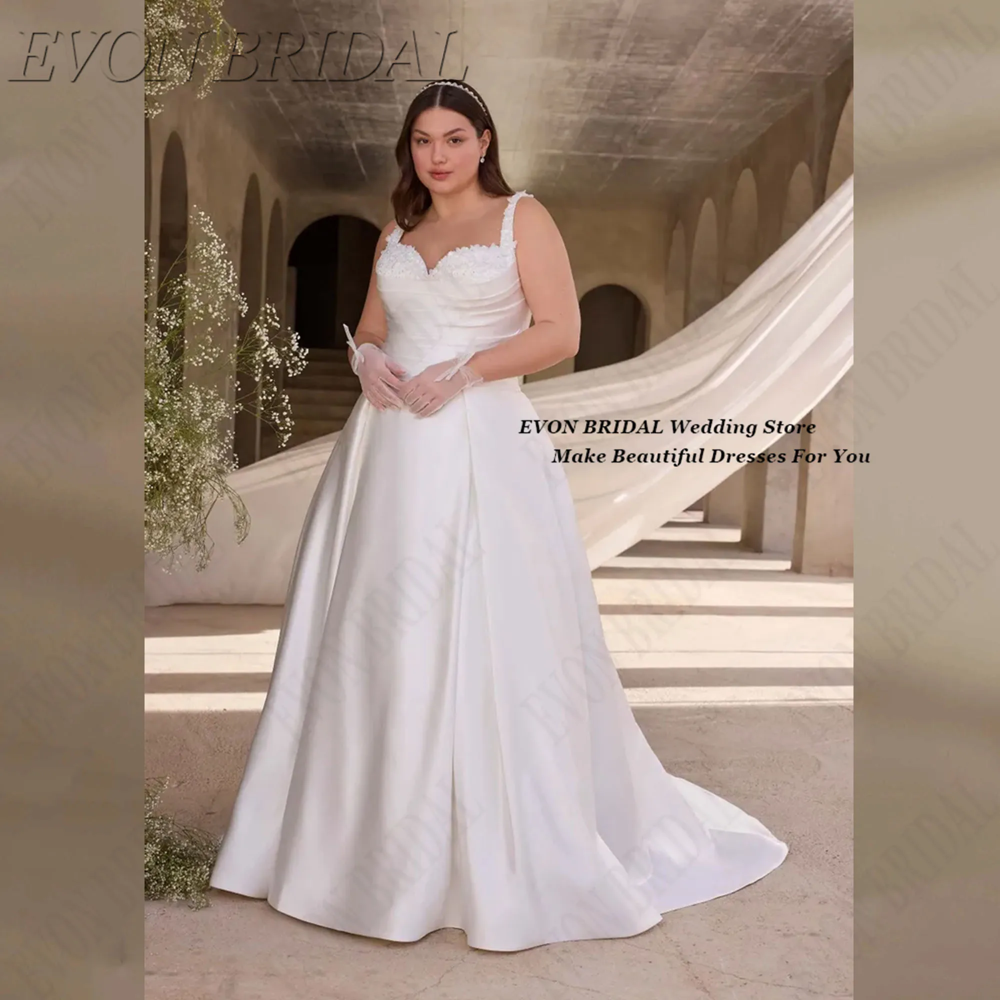 Plus Size Wedding Dresses Bride Satin Pearls Bride Dress Sweetheart 3D Flower vestidos de novia Customized A-line EVON BRIDAL
Plus Size Wedding Dresses Bride Satin Pearls Bride Dress Sweetheart 3D Flower vestidos de novia Customized A-line EVON BRIDAL