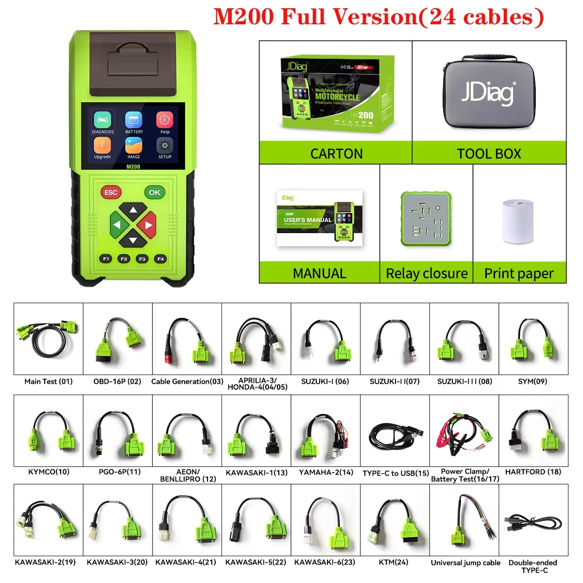 JDiag M200 Moto Diagnostic Fault Code Battery Tester Motoscan Tool For BMW/Yamaha/Kawasaki/Honda free update
JDiag M200 Moto Diagnostic Fault Code Battery Tester Motoscan Tool For BMW/Yamaha/Kawasaki/Honda free update