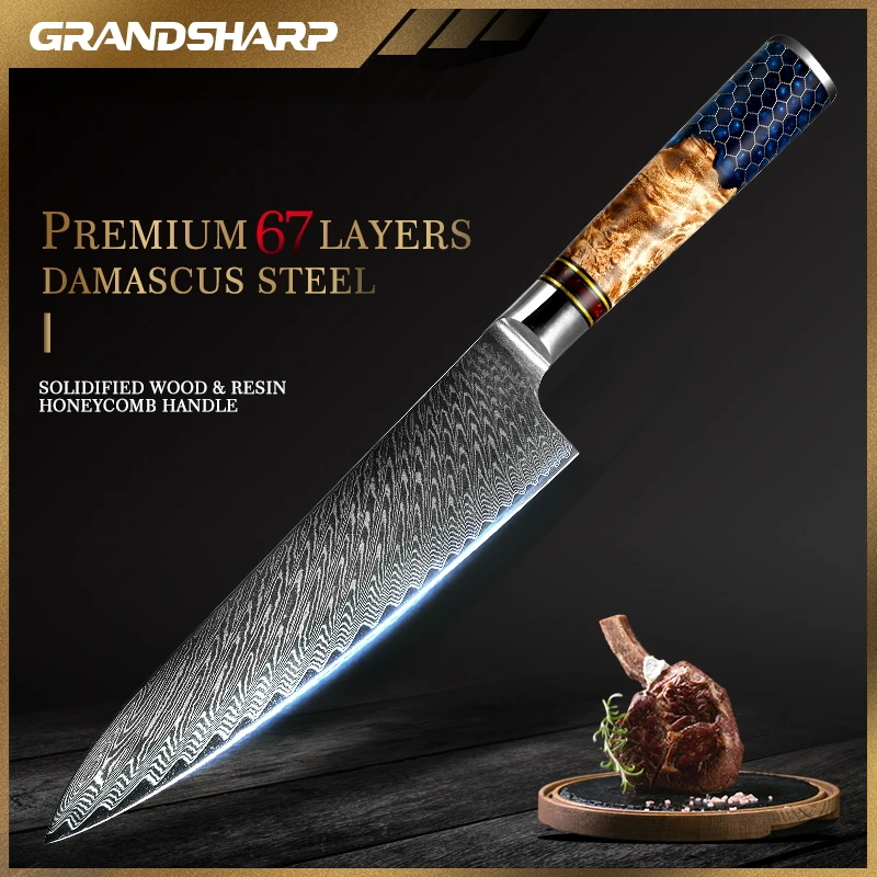 Кухонные ножи Grandsharp из дамасской стали, 67 слоев, японская Дамасская сталь, лучшие инструменты для готовки, сотовая эргономичная ручка
Кухонные ножи Grandsharp из дамасской стали, 67 слоев, японская Дамасская сталь, лучшие инструменты для готовки, сотовая эргономичная ручка