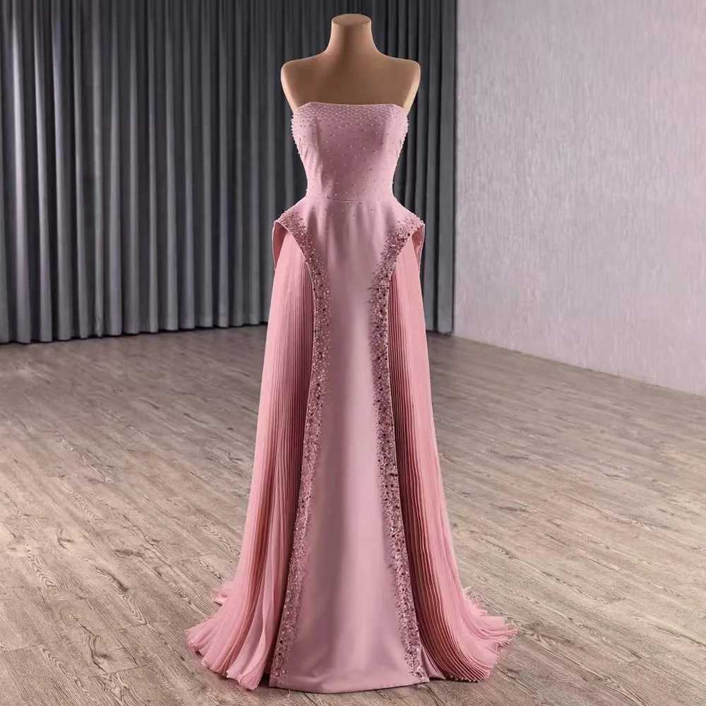 Pink Prom Dresses 2025 Strapless Satin Beading Straight Women Evening Party Dresses
Pink Prom Dresses 2025 Strapless Satin Beading Straight Women Evening Party Dresses