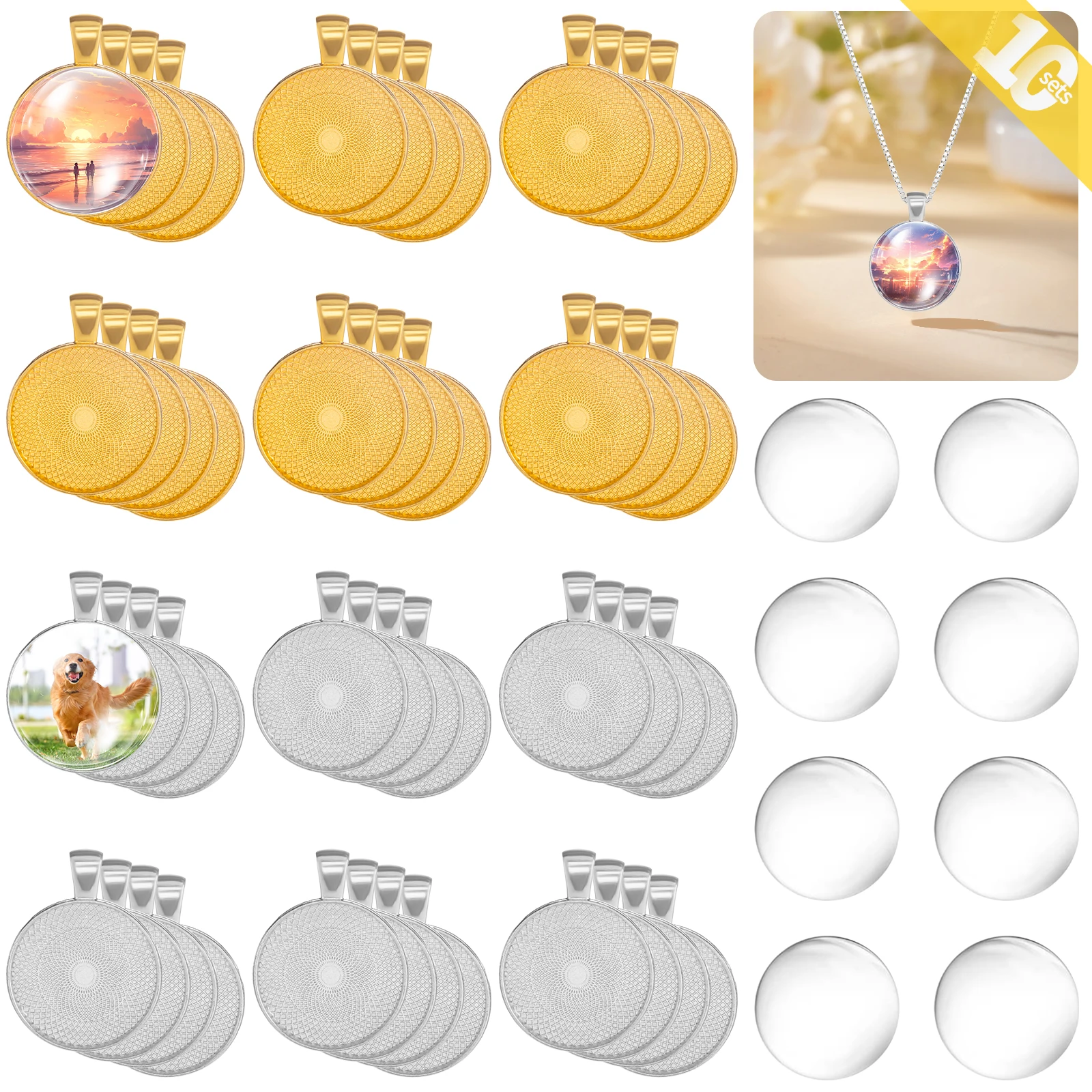 10pcs 27mm Photo Charm Settings - Gold & Silver Cabochon Bases w/ Glass Domes | DIY Custom Pendant Kit for Pet, Love Jewelry
10pcs 27mm Photo Charm Settings - Gold & Silver Cabochon Bases w/ Glass Domes | DIY Custom Pendant Kit for Pet, Love Jewelry