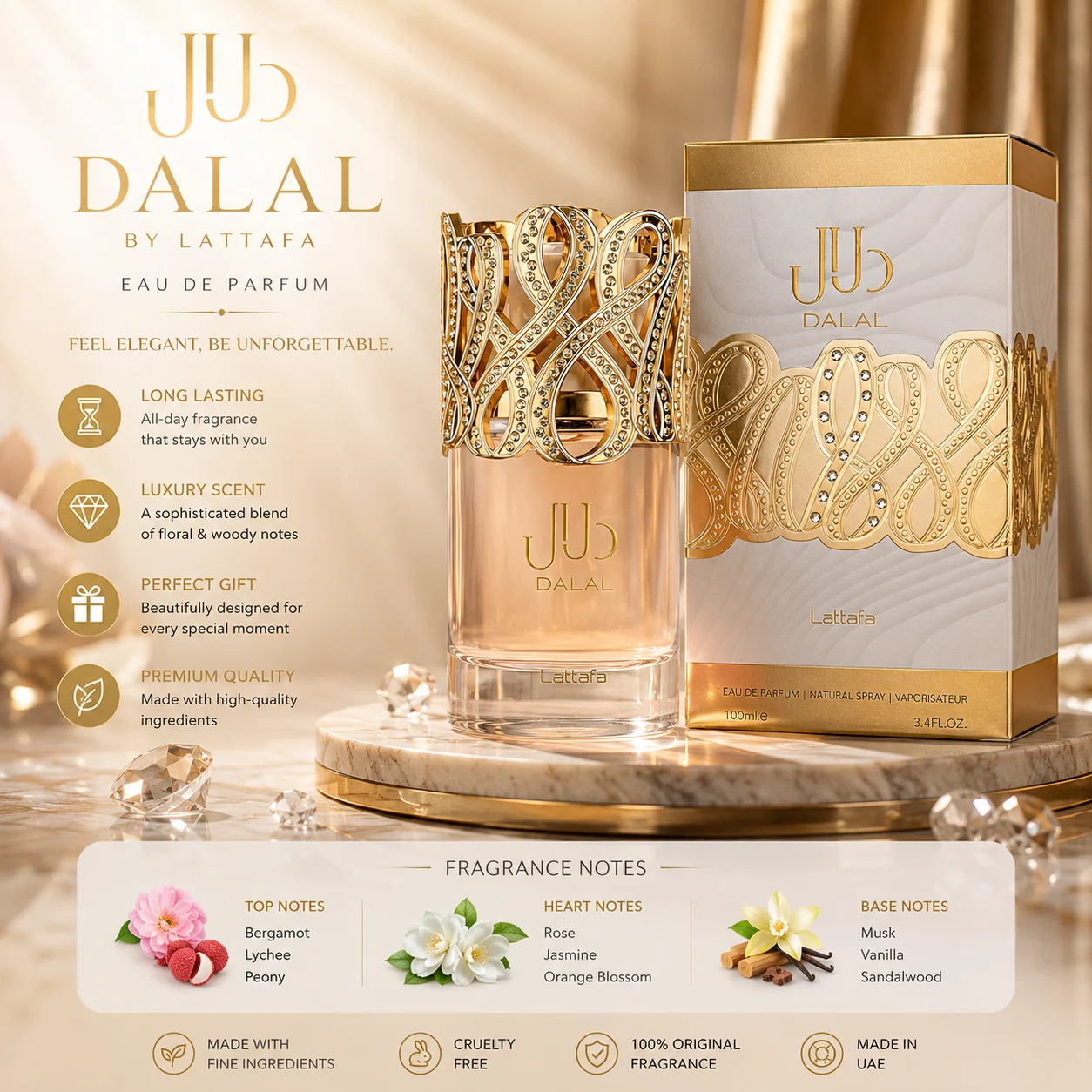 Lattafa Dalal Perfume For Women 100ml, Long Lasting Sweet Vanilla Floral Fragrance, Luxury Rhinestone Gold Bottle EDP Gift
Lattafa Dalal Perfume For Women 100ml, Long Lasting Sweet Vanilla Floral Fragrance, Luxury Rhinestone Gold Bottle EDP Gift