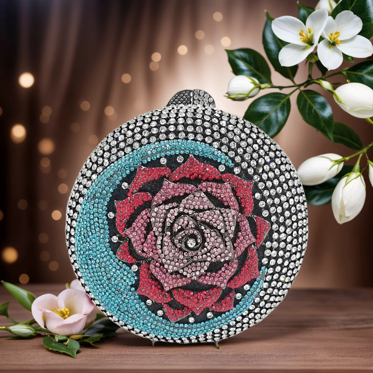 Vintage Women Floral Rhinestone Evening Clutch Round Moon Crystal Purse Chain Crossbody Bag Cocktail Party Handbag for Banquet
Vintage Women Floral Rhinestone Evening Clutch Round Moon Crystal Purse Chain Crossbody Bag Cocktail Party Handbag for Banquet