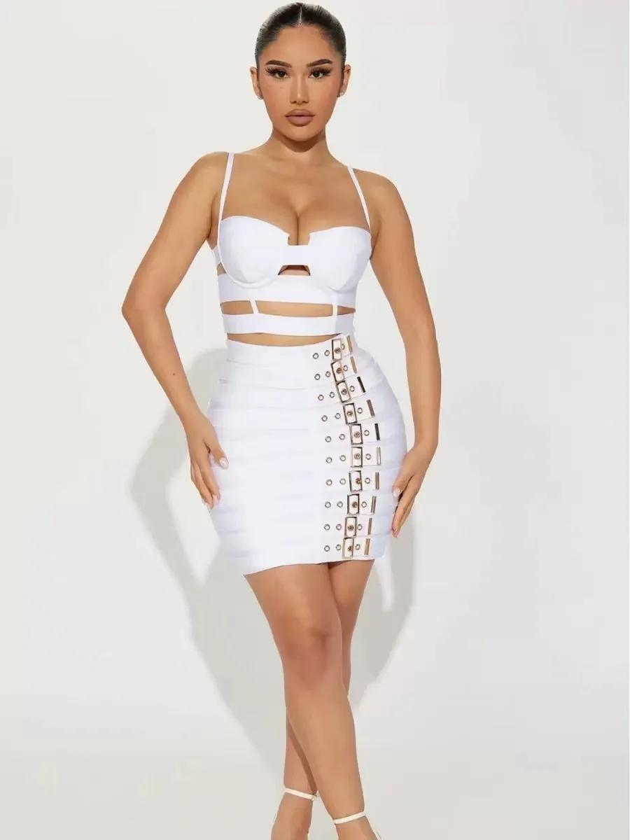 2025 Summer women's new white sexy camisole top+belt buckle mini skirt fashionable 2 piece bandage set
2025 Summer women's new white sexy camisole top+belt buckle mini skirt fashionable 2 piece bandage set