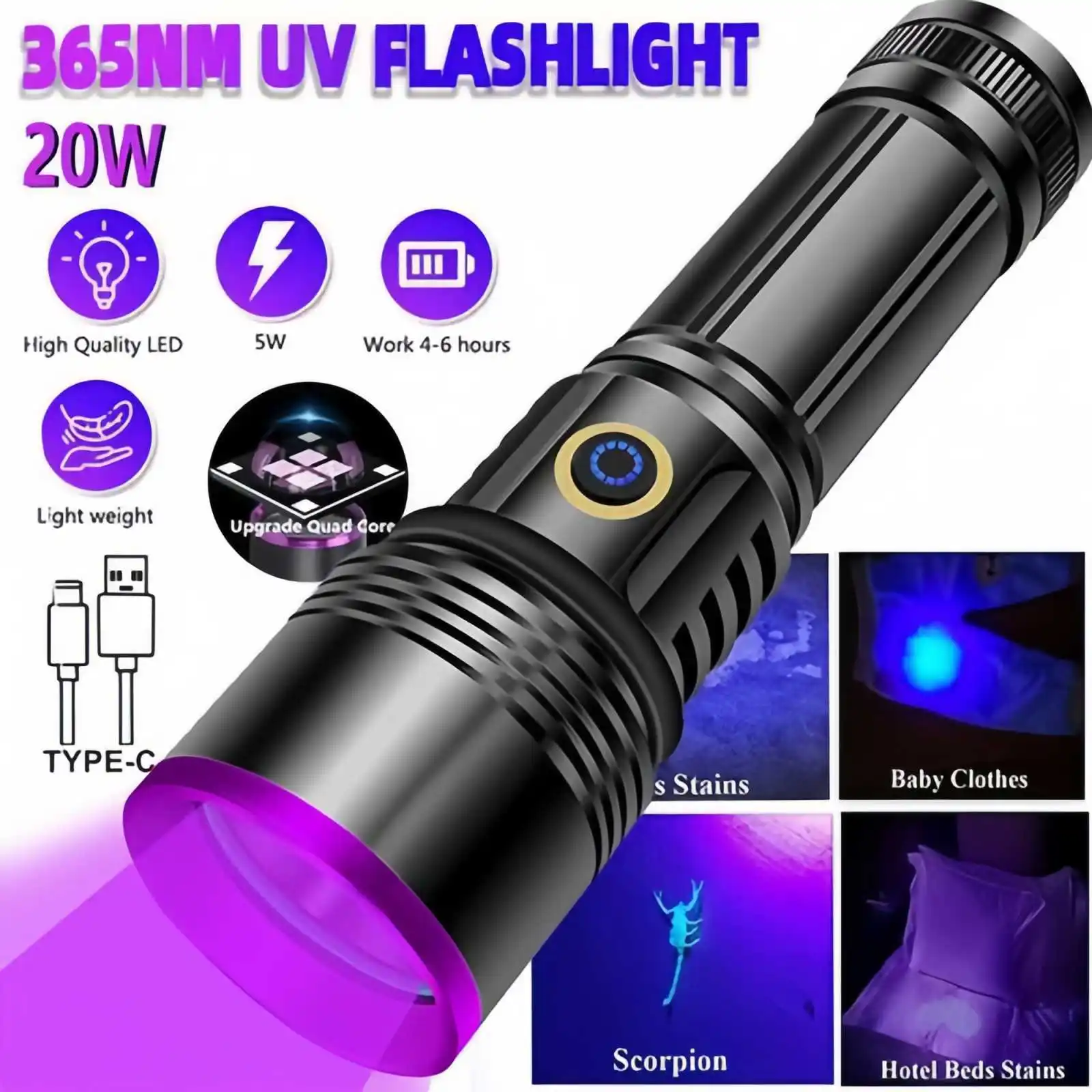 20W UV Black Light Flashlight -365nm USB Rechargeable | Pet Urine Detector, Gem and Money Detector, Stain Detector, etc
20W UV Black Light Flashlight -365nm USB Rechargeable | Pet Urine Detector, Gem and Money Detector, Stain Detector, etc