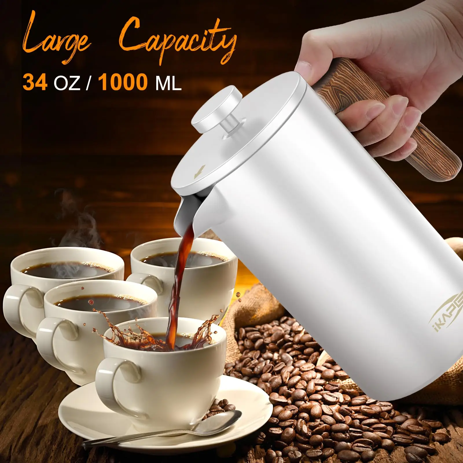 IKAPE Кофеварка French Press, кофейные капсулы и вкус эспрессо Домашняя портативная кофеварка 4-уровневая фильтрация 34 0Z 304 SS
IKAPE Кофеварка French Press, кофейные капсулы и вкус эспрессо Домашняя портативная кофеварка 4-уровневая фильтрация 34 0Z 304 SS