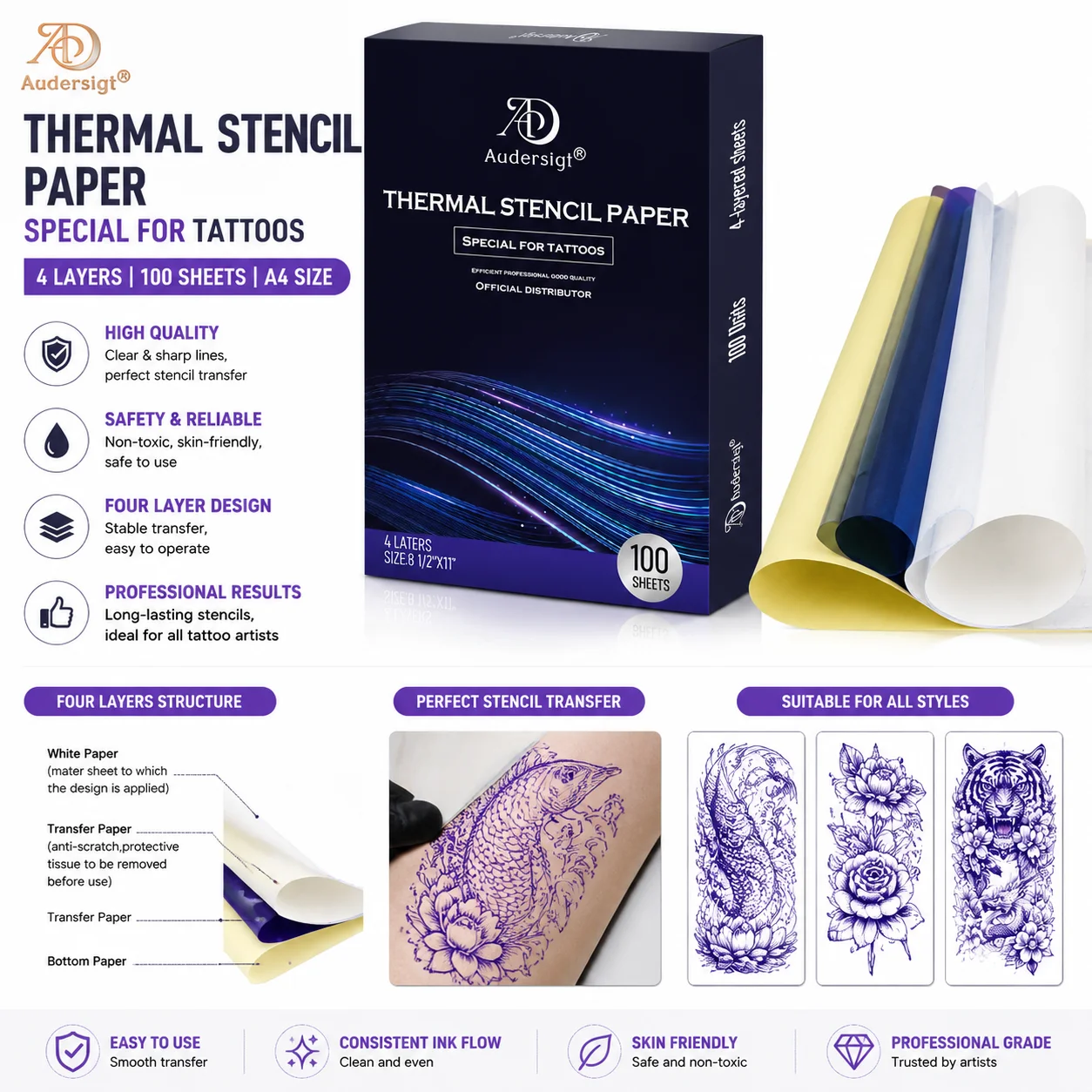 Audersigt 20/50/100PCS Premium Tattoo Transfer Paper 4 Layer Free Hand Thermal Copier Stencil Paper for Tattooist Tattoo Supplie
Audersigt 20/50/100PCS Premium Tattoo Transfer Paper 4 Layer Free Hand Thermal Copier Stencil Paper for Tattooist Tattoo Supplie