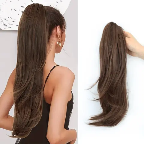 Synthetic Claw Clip Ponytail 18Inch Long Wavy Black Brown Heat Resistant Type Layered Horse Tail  Hair Extension