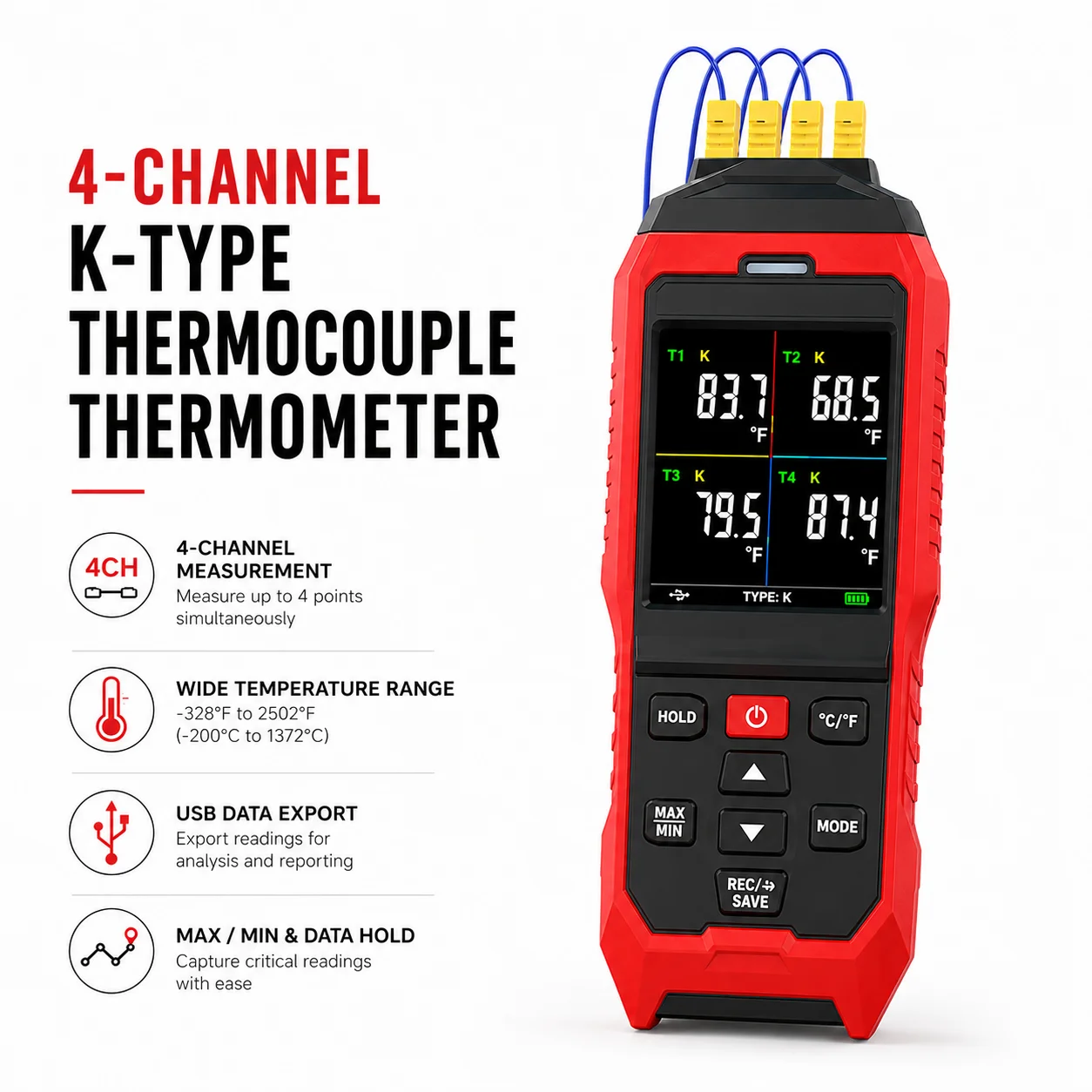 4-Channel K-Type Thermocouple Thermometer, -328 to 2502°F HVAC Thermometer with Color Dual Display, USB Data Export
4-Channel K-Type Thermocouple Thermometer, -328 to 2502°F HVAC Thermometer with Color Dual Display, USB Data Export