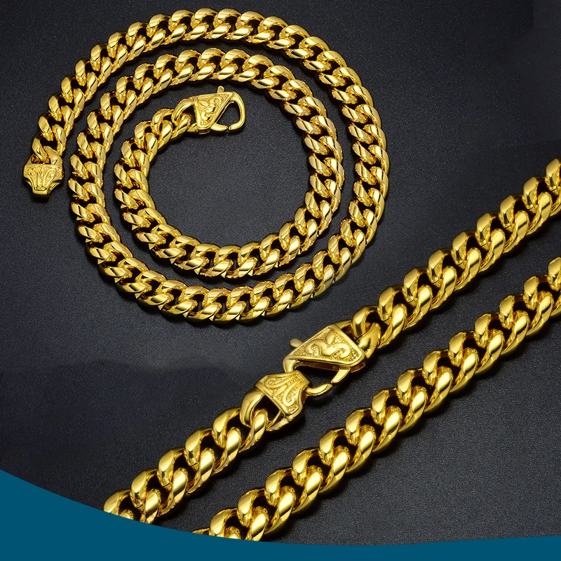 12mm Thick Golden Cuban Chain Stainless Steel Necklace Bracelet With Design Clasp Miami Hip Hop Neck Chains For Men
12mm Thick Golden Cuban Chain Stainless Steel Necklace Bracelet With Design Clasp Miami Hip Hop Neck Chains For Men