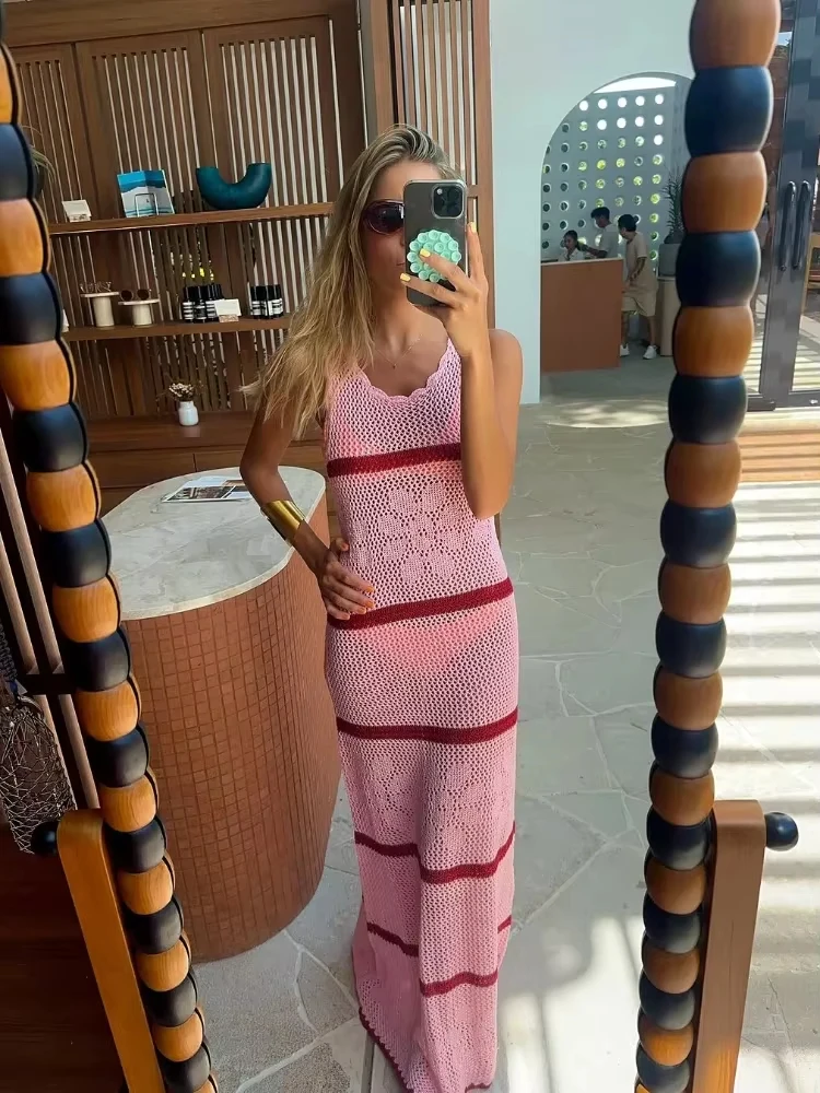 Women's Casual Hollow Knitted O-neck Sleeveless Dress Contrasting Striped A-line Long Style for Spring Summer
Women's Casual Hollow Knitted O-neck Sleeveless Dress Contrasting Striped A-line Long Style for Spring Summer