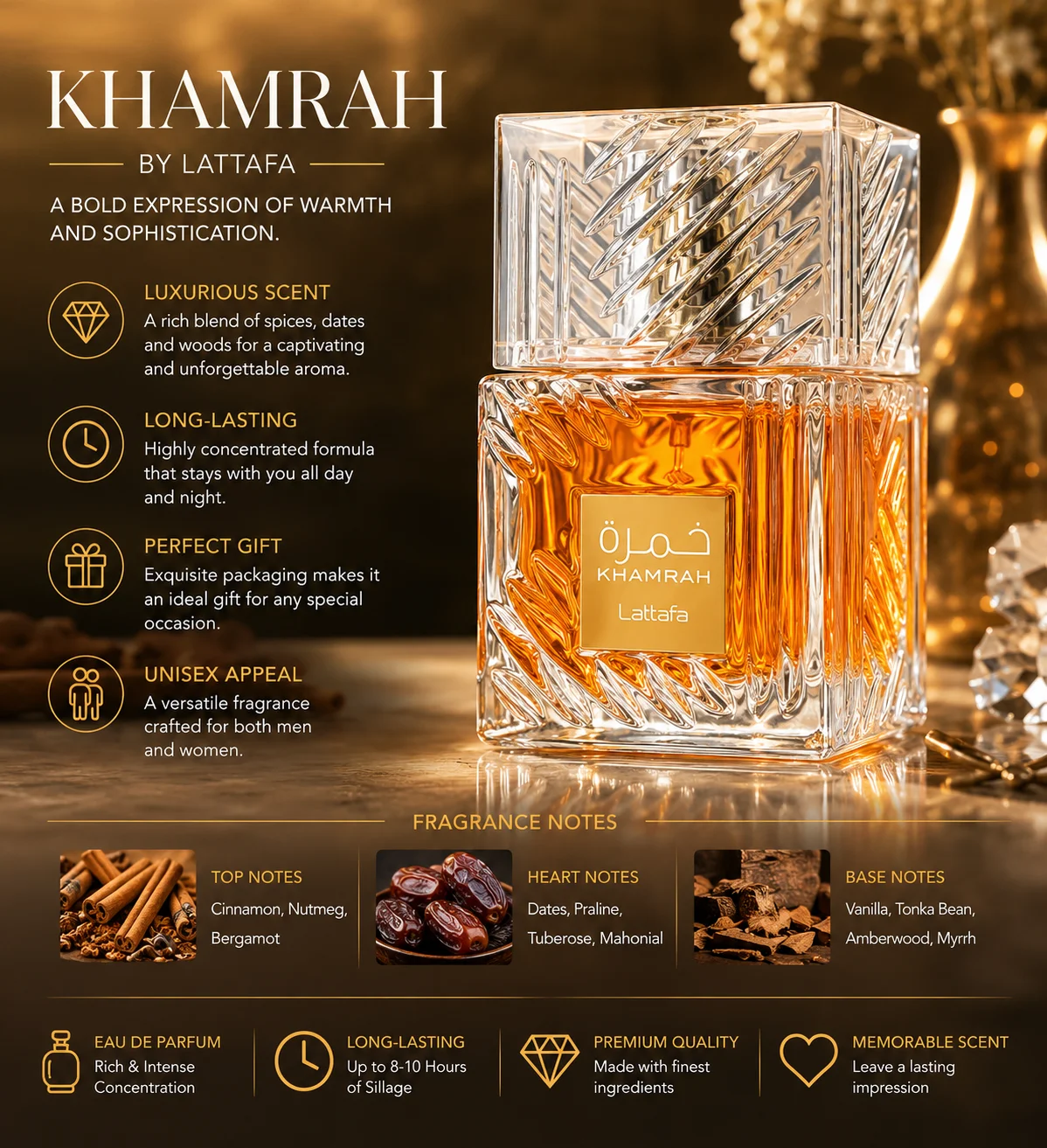 Lattafa Khamrah - Vanilla, Warm Spicy, Amber, Cinnamon - Eau de Parfum Long-Lasting Fragrance for Unisex, 3.40 Ounce / 100 ml
Lattafa Khamrah - Vanilla, Warm Spicy, Amber, Cinnamon - Eau de Parfum Long-Lasting Fragrance for Unisex, 3.40 Ounce / 100 ml