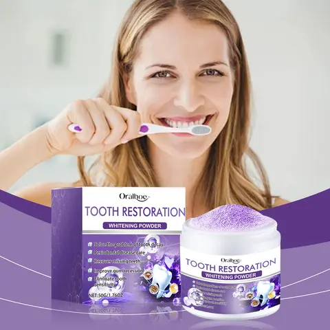 Oralhoe 50g Purple Teeth Bleaching Powder Improve Bad Breath Reduce Plaque Stain Oral Hygiene Care Clean Teeth Whitening Powder