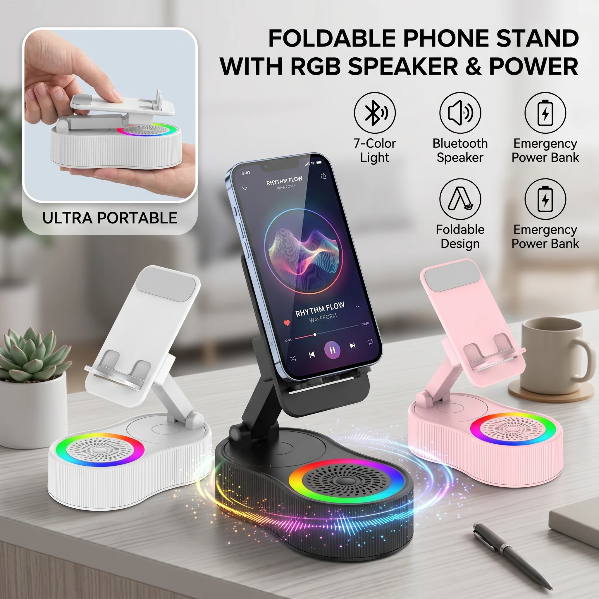 360° Foldable Smart Phone Stand with Built-in Bluetooth Speaker, Portable Adjustable Desktop Tablet Mount Bracket with RGB Colorful Light Rechargeable Battery for Home Office
360° Foldable Smart Phone Stand with Built-in Bluetooth Speaker, Portable Adjustable Desktop Tablet Mount Bracket with RGB Colorful Light Rechargeable Battery for Home Office