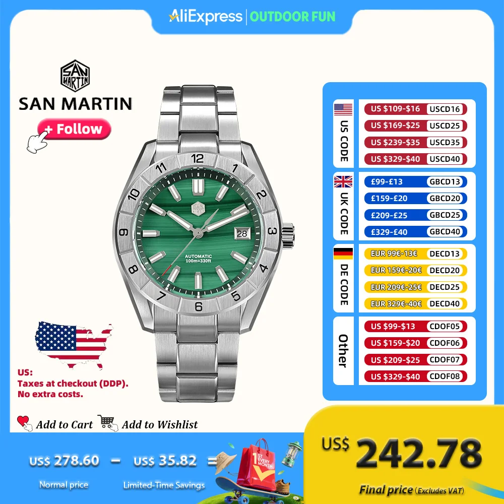San Martin 42 мм Роскошные мужские часы Зеленый малахитовый циферблат Механические наручные часы из нержавеющей стали с сапфировым стеклом Водонепроницаемые 10 бар SN0130G-B
San Martin 42 мм Роскошные мужские часы Зеленый малахитовый циферблат Механические наручные часы из нержавеющей стали с сапфировым стеклом Водонепроницаемые 10 бар SN0130G-B