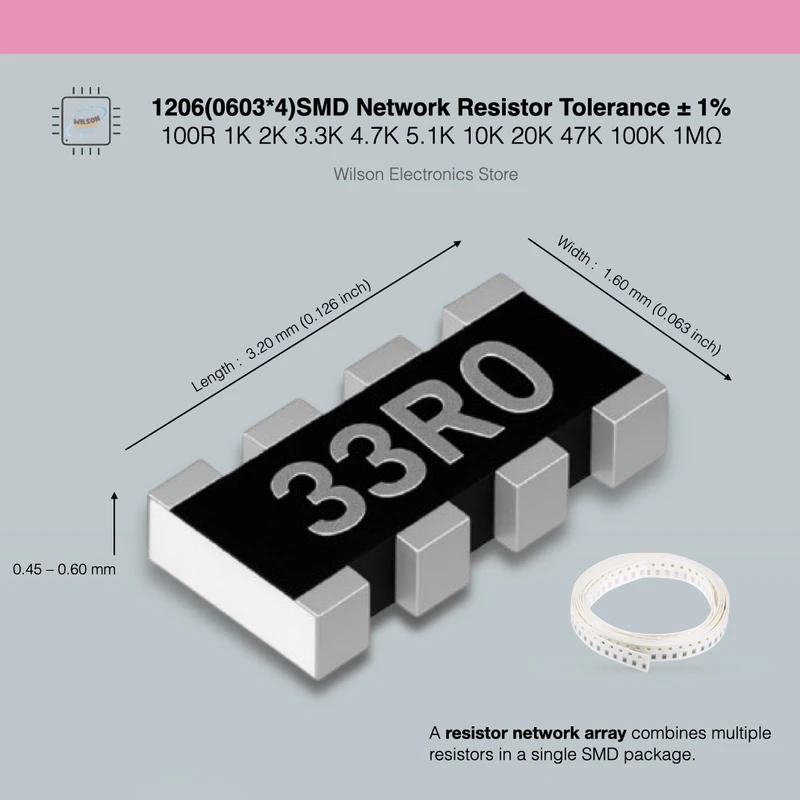 50 шт./лот, новый сетевой резистор 1206 (0603*4), массив SMD 1% 100R/1K/2K/3,3K/4,7K/5,1K/10K/20K/47K/100K/1MΩ SMD резистор
50 шт./лот, новый сетевой резистор 1206 (0603*4), массив SMD 1% 100R/1K/2K/3,3K/4,7K/5,1K/10K/20K/47K/100K/1MΩ SMD резистор