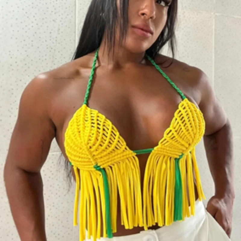 Women's Sexy Halter Lace Up Tassel Knit Top Vest Camis Boho Swimsuit Crochet Bikini Top Bra Beach Cover Ups Female Swimwear
Women's Sexy Halter Lace Up Tassel Knit Top Vest Camis Boho Swimsuit Crochet Bikini Top Bra Beach Cover Ups Female Swimwear