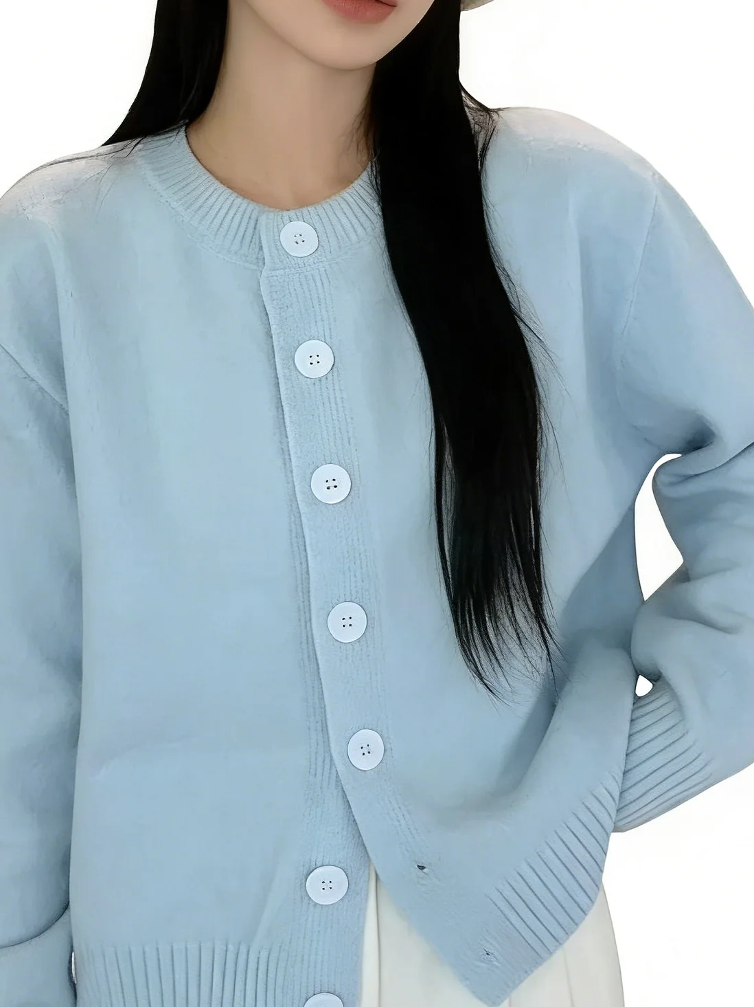 Elegant light blue autumn women's long-sleeve casual knitted cardigan soft acrylic sweater with button decoration
Elegant light blue autumn women's long-sleeve casual knitted cardigan soft acrylic sweater with button decoration