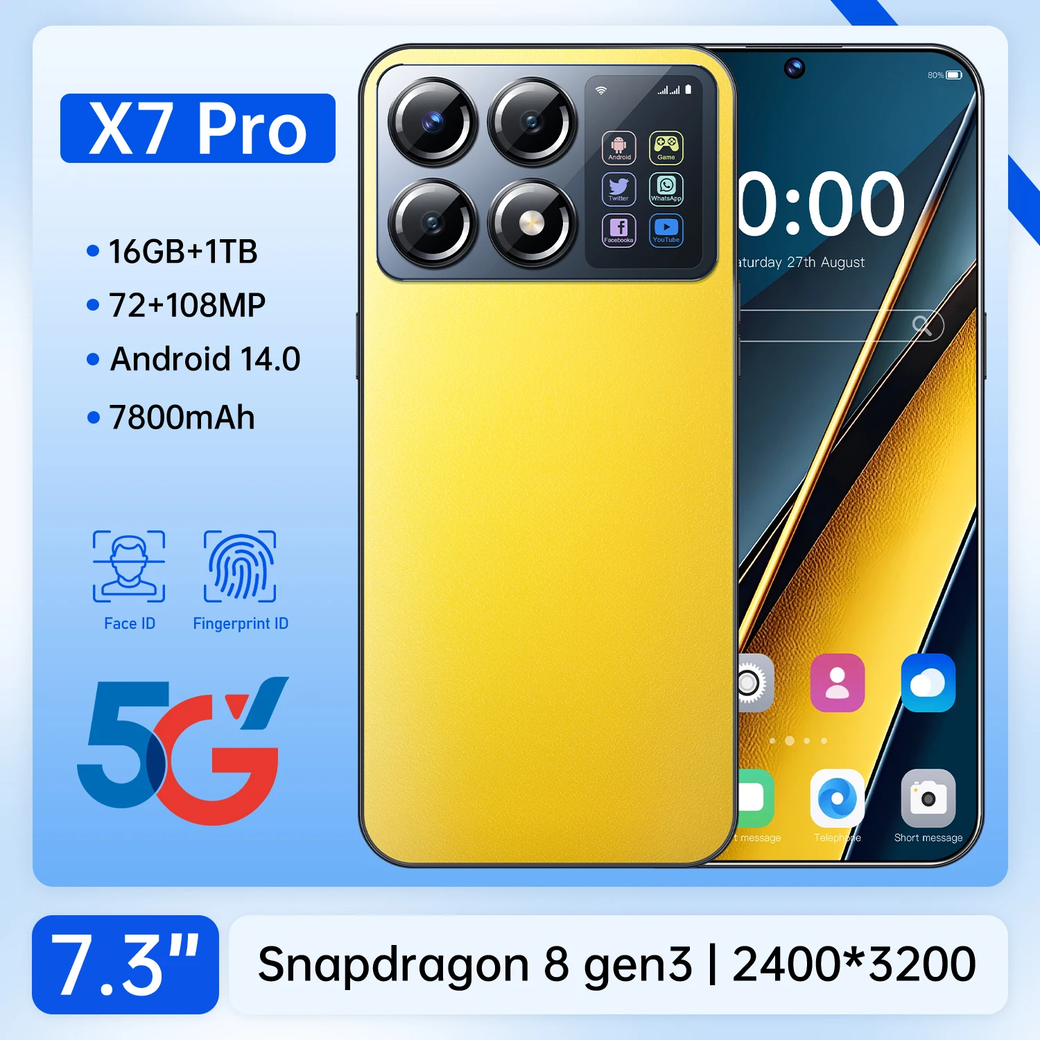 2024 New X7 Pro Smartphone 7.3 inch Full Screen 4G/5G Cell Phone 16TB+1TB 7800mAh Mobile Phones 108MP Global Version Celulares
2024 New X7 Pro Smartphone 7.3 inch Full Screen 4G/5G Cell Phone 16TB+1TB 7800mAh Mobile Phones 108MP Global Version Celulares