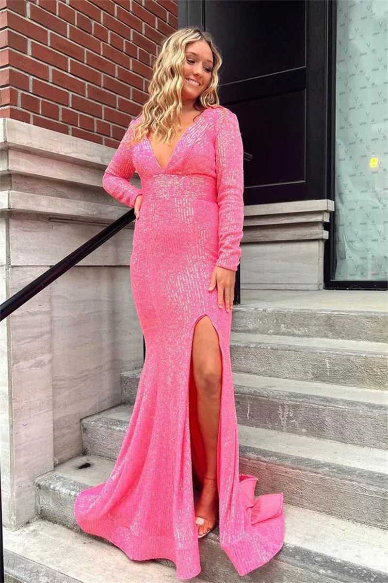 Women'S Sexy V Neck Long Sleeved Form Dress With Split Open Back Sequins Formal Evening Dresses Mermaid Party Cocktail Long Gown
Women'S Sexy V Neck Long Sleeved Form Dress With Split Open Back Sequins Formal Evening Dresses Mermaid Party Cocktail Long Gown