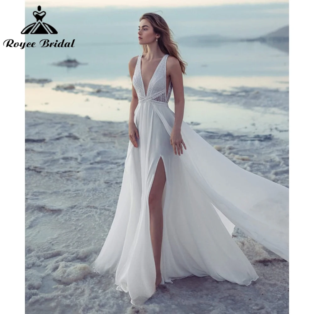 Beach Sexy Split V Neck Spaghetti Straps Backless Lace Top Chiffon A Line Wedding Dress For Women Bridal Gown vestido Customized
Beach Sexy Split V Neck Spaghetti Straps Backless Lace Top Chiffon A Line Wedding Dress For Women Bridal Gown vestido Customized